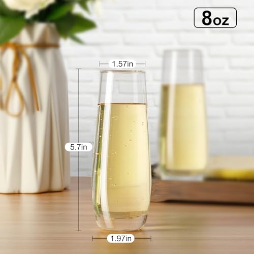 PARACITY Stemless Champagne Flutes, Champagne Glasses Set of 4, 8oz Glass Champagne Flutes, Gift for Birthday, Wedding, Ch...
