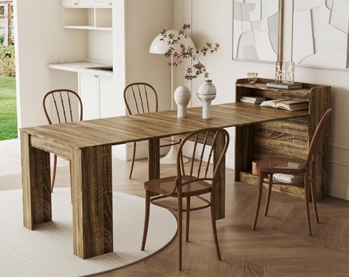 KEIKI 30”-88.4”L Extendable Foldable Dining Room Table with Storage for 1-10 People, Wood Modern Rustic Rectangle Expandab...