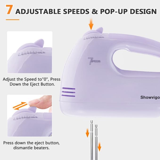 Handmixer Electric Handheld - 7 Speed Portable Kitchen Mixer Electric with 5 Stainless Steel Accessories Whisk, Food Beater for Whipping Mixing Cookies Cakes Eggs, Pueple