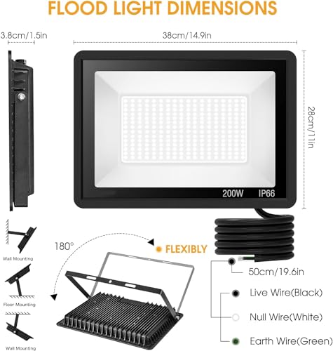 XYCN 200W LED Flood Light 2 Pack, 22500lm Super Bright Security Lights, IP66 Waterproof Outdoor Flood Light, 5000K Dayligh...