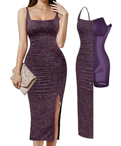 Popilush Shapewear Midi Dress Women's Sparkly Formal Wedding Guest Cocktail Dresses Fall Square Neck Ruched Dress Side Slit