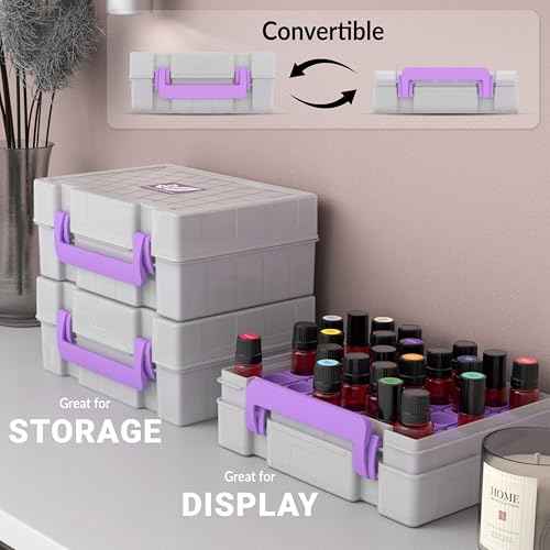 Essential Oil Organizer for 35 Bottles, Hard Shell Storage Case with Shelf Display Lid & Travel Handle, Fits 5ml/10ml/15ml, Roller Bottles, Compatible with Top Brands, Lavender