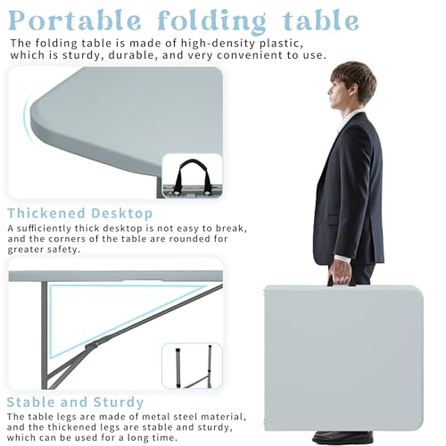 Folding Table 4FT Camping Table Portable Heavy Duty Plastic Rectangular Outdoor Dining Table Steel Legs Fold-in-Half with ...