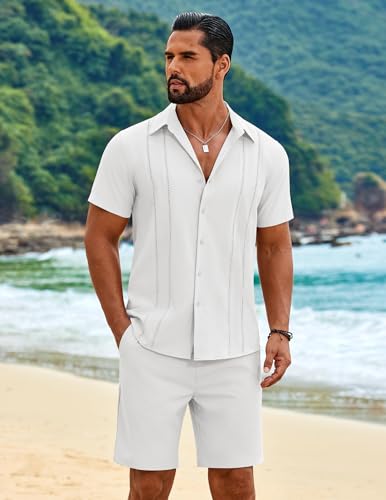 COOFANDY Men's 2 Piece Outfits Cuban Guayabera Short Sleeve Shirts and Shorts Summer Beach Vacation Sets for Men