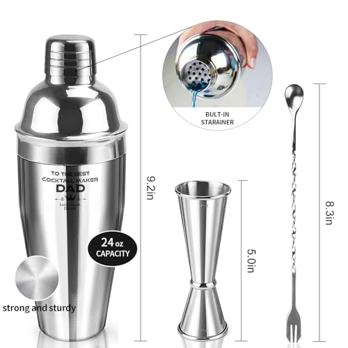 Personalized Cocktail Shaker 24oz - Custom Stainless Steel Bar Kit with Engraved Name, Built-in Strainer & Measuring Jigge...