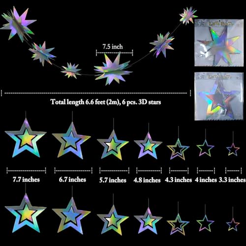Cheerland Iridescent Star Garland Decorations Holographic Hanging Star Party Decoration Galaxy Birthday Decor Ramadan Eid ...