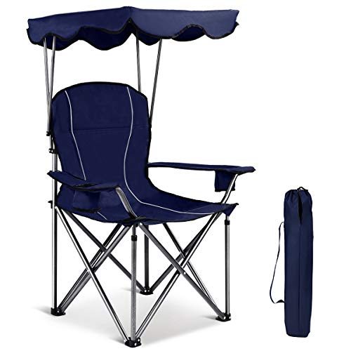 GYMAX Camping Chair, Folding Outdoor Lawn Chair with Canopy, Carry Bag & Cup Holder, Portable Heavy Duty Camp Chair for Ou...