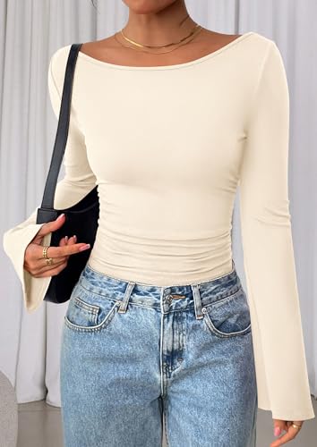 PRETTYGARDEN Womens Long Sleeve Shirts 2026 Spring Crop Going Out Tops Casual Boat Neck Bell Sleeve Ribbed Ruched Y2K Clothes