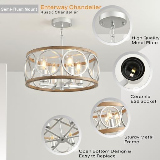 Guang Shuo Light Fixture Ceiling Mount,4-Light Farmhouse Metal Semi Flush Mount Ceiling Light Fixture 15.7" (Silver),Rustic Chandeliers for Living Room Bedroom Dining Room Entryway Hallway Kitchen