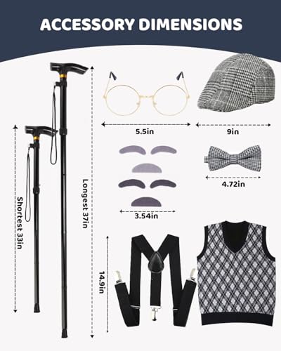 LUMIDEXA Kids 100 Days of School Costume for Boys, 8pc Old Man Costume Set, Grandpa Cosplay Parties with Many Parts