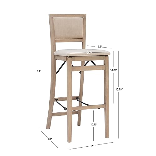 Linon Keira Natural Rustic Wooden Folding Barstool with Beige Upholstered Seat and Back