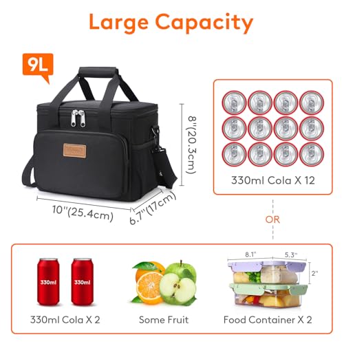 Lifewit Medium Lunch Bag Insulated Lunch Box Soft Cooler Cooling Tote for Adult Men Women, Black 12-Can (9L)