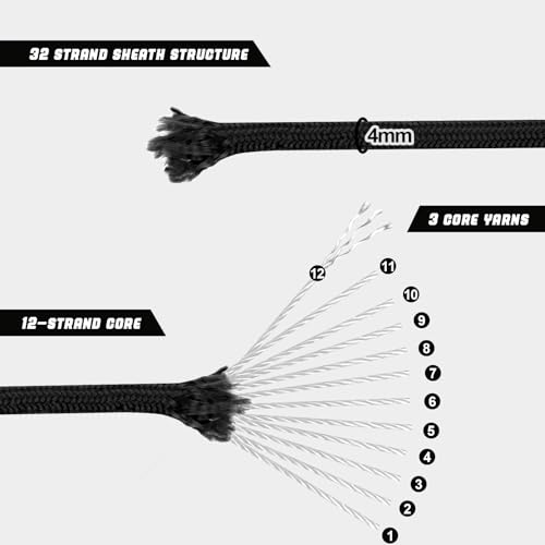 VITALUXE 1000lb Paracord Rope, 4mm 12 Triple Strands Paracord, Heavy Duty Tactical Parachute Cord for Survival Gear, Campi...