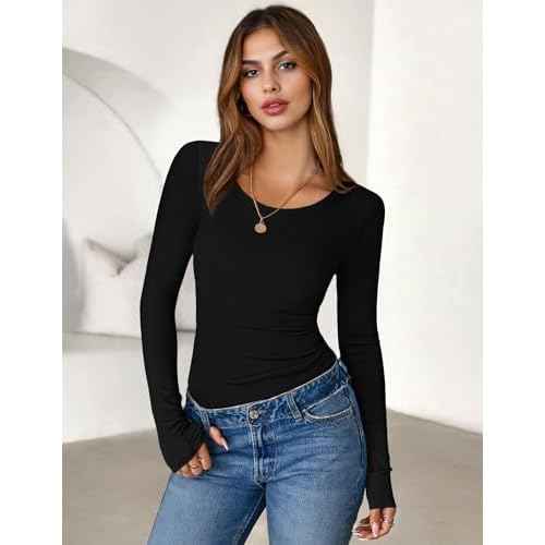 Ekouaer Womens Long Sleeve Shirts 3 Packs Scoop Neck Ribbed Tops Fitted Thermal Undershirt Soft Layering Tees XS-XXL
