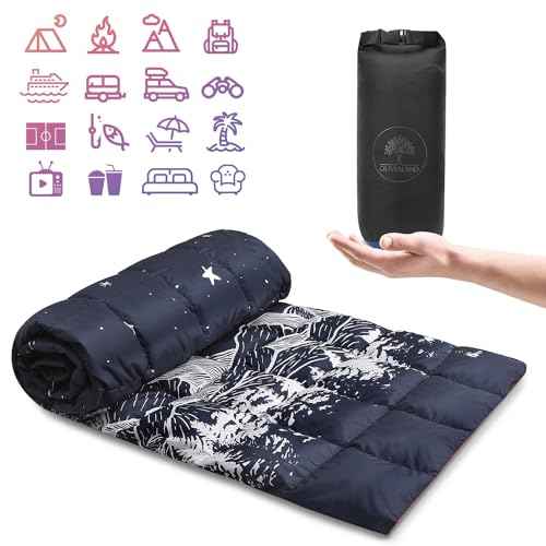 Down Camping Blanket, Ultralight Compact Packable Throw with Snaps for Outdoor Indoor, Travel Stadium Concert Picnic Beach, Puffy 650 Fill Down Water-Resistant Quilt (Midnight Sunrise)