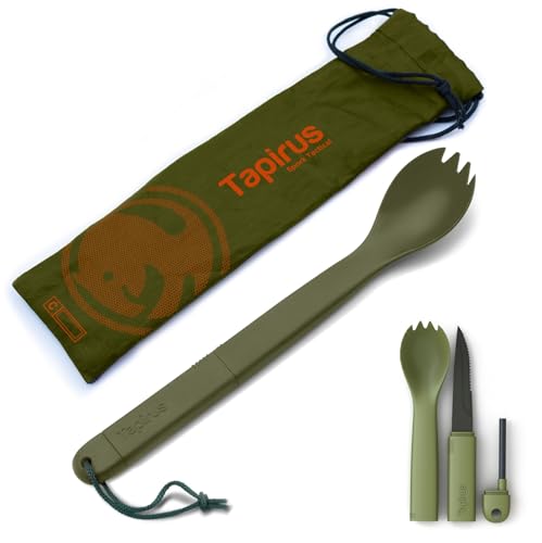 Tapirus Spork Tactical Green | BPA Free Spoon Fork, Stainless Steel Knife and Fire Starter | 3 in 1 multipurpose utensil |...