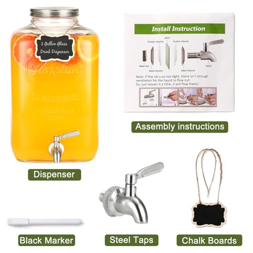 2 Gallon Glass Drink Dispensers, Large Glass Water Dispenser, Stainless Steel Leakproof Spigot and Lid, Drink Dispensers f...