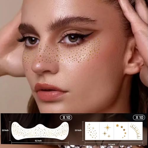 Glitter Freckles Face Tattoo - 20Pcs Waterproof Gold Temporary Sparkle Patches for Women Glow Up Makeup Patches Accessorie...