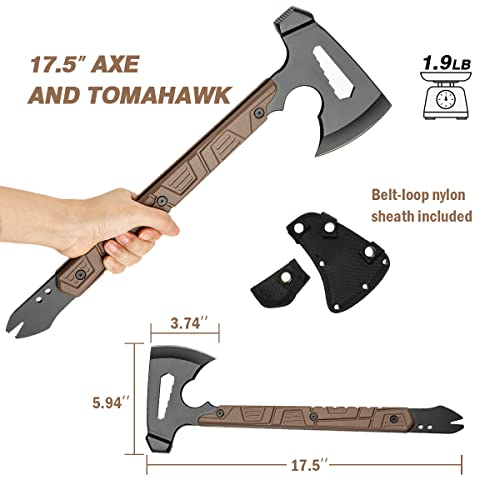 17.5in Full Tang Camping Axe Tomahawk with Nylon Sheath, Tactical and Survival Hatchet with Hammer for Axe Throwing, Outdo...