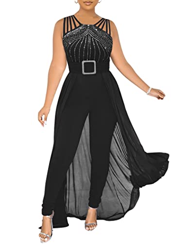 chicyes Womens One Piece Elegant Overlay Jumpsuit Dressy Sexy Bodycon Formal Sleeveless Rhinestone Romper Party Outfits