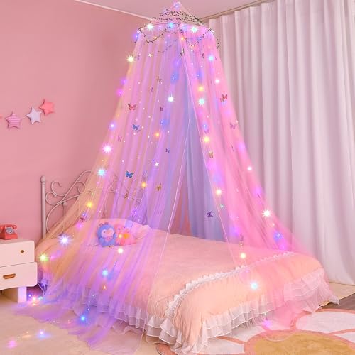 FIOBEE Bed Canopy for Girls Room Bed Canopy Curtains with Led Lights Mosquito Net DIY Princess Room Décor with Stars Butte...