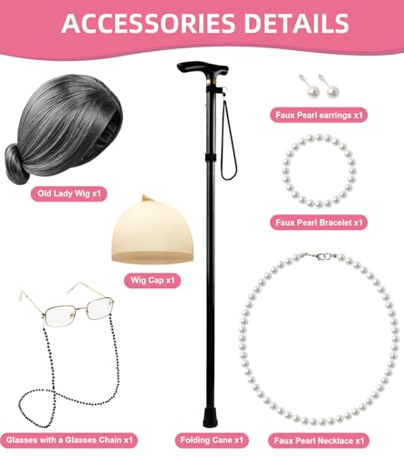 EVAFESNS 100 Days of School Old Lady Grandma Costume Accessories Set with Wig, Glasses, Cane & Faux Pearl Set