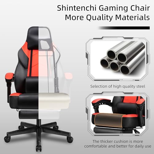 Shintenchi Gaming Chair, Office Chair with Footrest and Lumbar Support, Height Adjustable Game Chair with 360°-Swivel Seat and Headrest and for Office or Gaming (Deep Red)