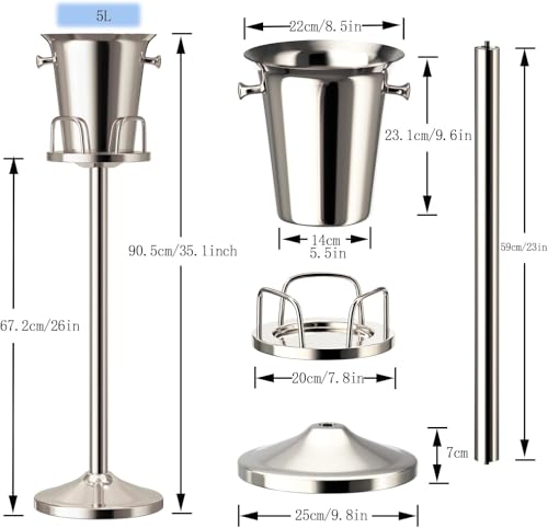 Ice Bucket with Stand Standing Champagne Bucket for Party Stainless Steel Wine Bucket Wine Cooler with Stand 5L Wine Chill...
