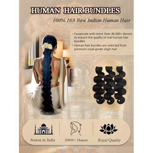 16A Raw Indian Human Hair Bundles 22 Inch Thick Raw Body Wave Bundles Human Hair Weave,4X Lifespan,100% Unprocessed Cuticle Aligned,Reusable Multiple Washes Keep Texture Silky Soft (Natural Black)