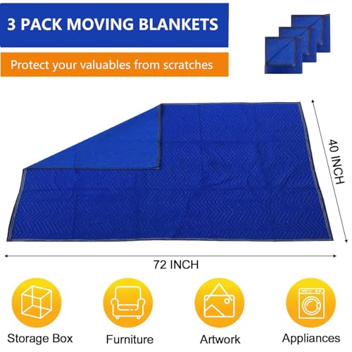 3 Pack Moving Blankets 40x72in Heavy Duty Padded Packing Blankets for Moving Shipping Protecting Furniture Professional Qu...