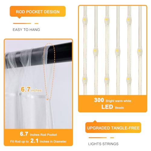 Fomcet White Backdrop Curtains with Lights String 10X8FT Polyester Fabric & Tulle Curtains Backdrop Drapes for Back Drop P...