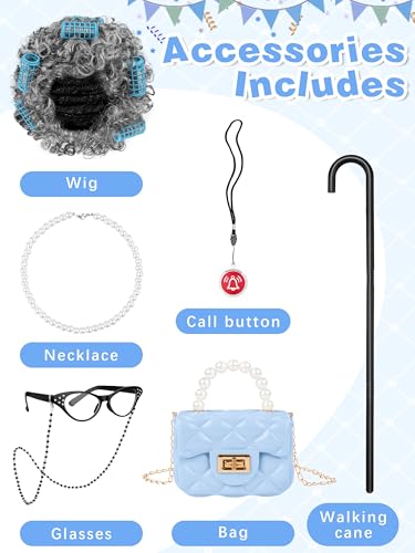 AOTHSO 8 Pcs Girls 100 Days of School Old Lady Dress Cardigan Costume with Wig Glasses Cane for Kids Granny Grandma Cosplay