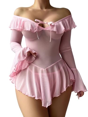 Neohouny Sexy Lingerie for Women Rave Outfits Clubwear See Through Lingerie Sets Bell Sleeve Ruffle Mesh Tops
