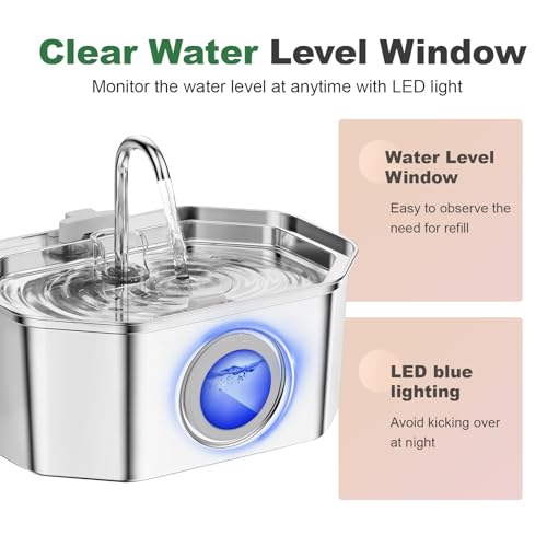 Cat Water Fountain Stainless Steel 108oz/3.2L, APAUK Automatic Pet Fountain Dog Water Dispenser with Water Level Window, Q...
