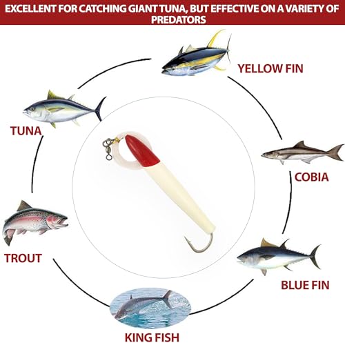 4" Cedar Plug Lures, 6 Pcs Red/White Rigged, for Saltwater Fishing, Includes Mesh Lure Bag, Ideal for Offshore Tuna Trolling
