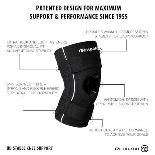 Rehband knee brace sports, 1 piece, 5mm neoprene knee support with patella opening construction, hook and loop fastener for high support & stability