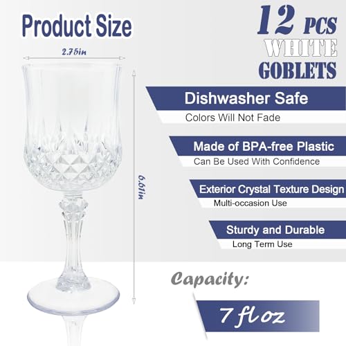 Veiuwa 12 PCS Plastic Wine Glasses Clear,Reusable Plastic Wine Glasses,White Goblet Glass,Durable and Sturdy Cups Can Be U...