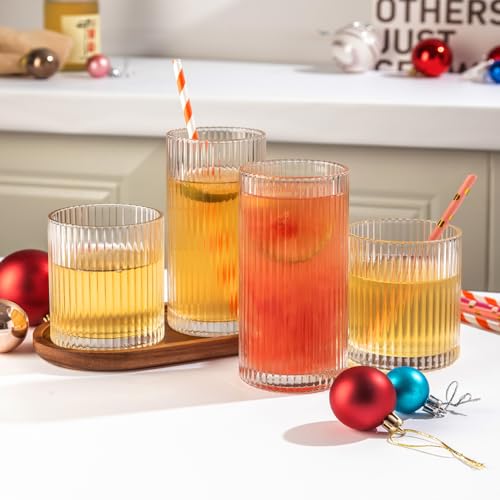 Lumkit Ribbed Drinking Glasses 8pcs, 12oz and 10oz Glassware, Tumbler Glasses Cup Set for Wedding, Party, Christmas Gift, ...