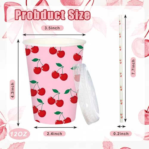50 Sets Cherry Paper Cups with Paper Straws Plastic Lids 12OZ Disposable Coffee Tea Cups for Summer Fruit Birthday Party J...
