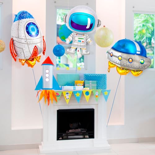 6 Pcs Space Balloons,Astronaut UFO Rocket Foil Balloons for Kids,Universe Party Decorations,Outer Space Balloon for Baby S...