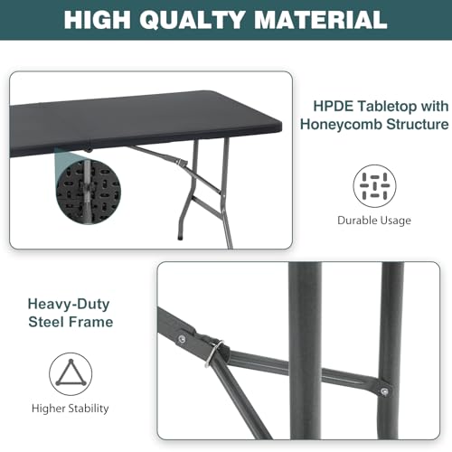 FDW 6 Foot Outdoor Dining Table, Foldable Portable Rectangular Plastic Folding Table with Built in Carrying Handle for Par...