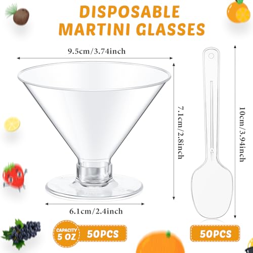Yinkin 50 Cups and 50 Spoons Plastic Martini Glasses Disposable Cocktail Glasses Mini Martini Plastic Cups Dessert PVC Sho...