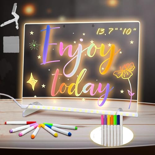 Creative Rewritable Acrylic LED Message Board, LED Note Board with 7 Colors, Light up Dry Erase Board with Stand and 7 Col...