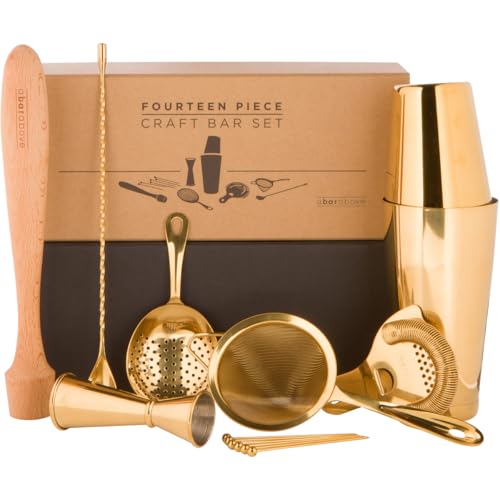A Bar Above 14-Piece Gold Bartender Kit, Premium Gold-Plated Stainless Steel Barware Gift Set for Home and Professional Us...
