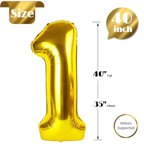 40 Inch Gold 1 Balloon for First Birthday, Gold One 1st Number Balloon Birthday Decorations, 10th 21st, Giant Number 1 Bal...