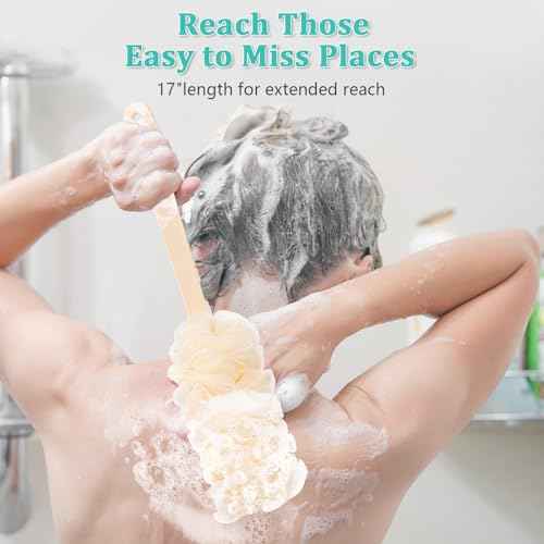 2Pack Back Scrubber for Shower Loofah with Long Handle, Shower Brush for Body, 17¡È Loofah on a Stick for Men Women Bathing Accessories, Scrubber Sponge for Exfoliating Bath Brushes (Beige & Green)