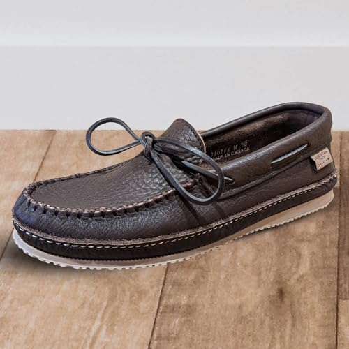 Laurentian Chief Moccasin Slippers for Men with Single Lacing, 8 Hole Collar and Padded Indian Rubber Sole, Canada Qualit...