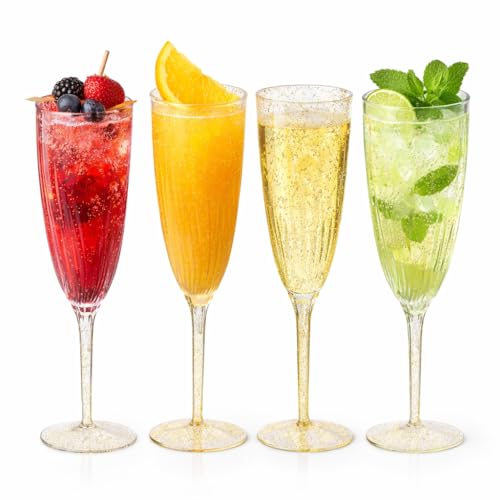 Oojami 6 Oz Gold Glitter Plastic Champagne Glasses 24 Pack Hard Disposable Plastic Champagne Flute Ideal for Home Daily Li...