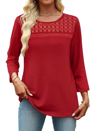 OFEEFAN 3/4 Length Sleeve Womens Tops Spring Fall Fashion 2026 Dressy Casual Blouses Lace Trendy Waffle Knit Shirts