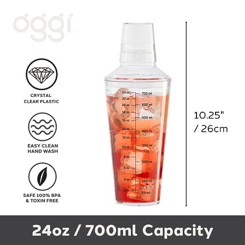 OGGI Clear Cocktail Shaker - 24 oz / 700 ml, Clear Durable Plastic Construction, Built in Strainer - Ideal Home Bar Drink ...